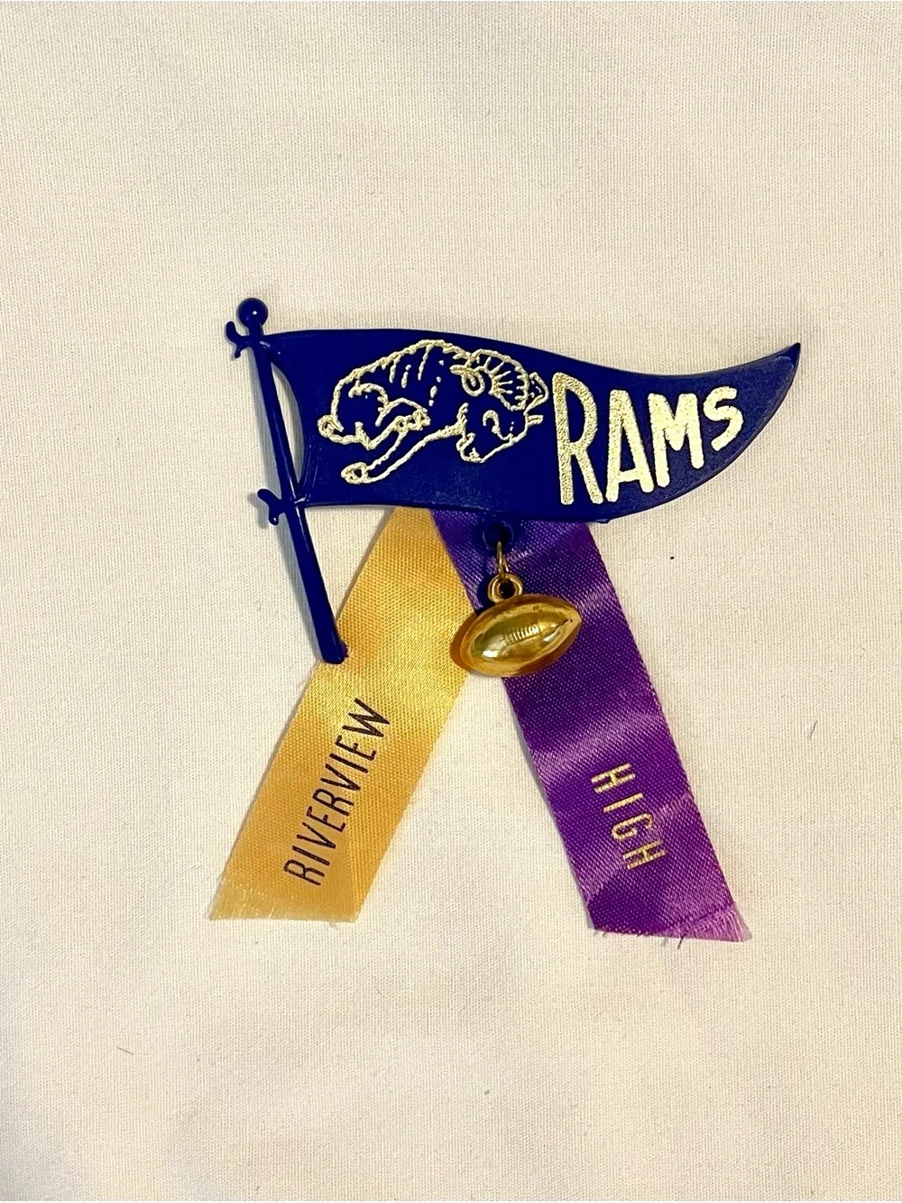 VTG Mid~Century Riverview High Rams - Celluloid Pennant Ribbon w/Football Charm
